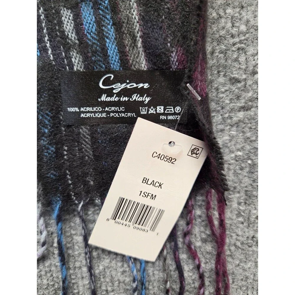 Cejon Scarf Women One Size Black Multicolor Floral Stripe Fringe Knit Italy Luxe